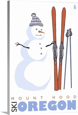 Mount Hood, Oregon - Snowman with Skis: Retro Travel Poster