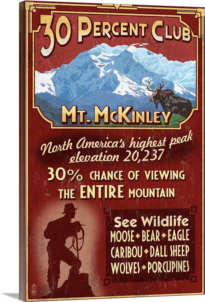 Retro stylized art poster of a moose in the wild and the silhouette of a hiker at the bottom of the image.