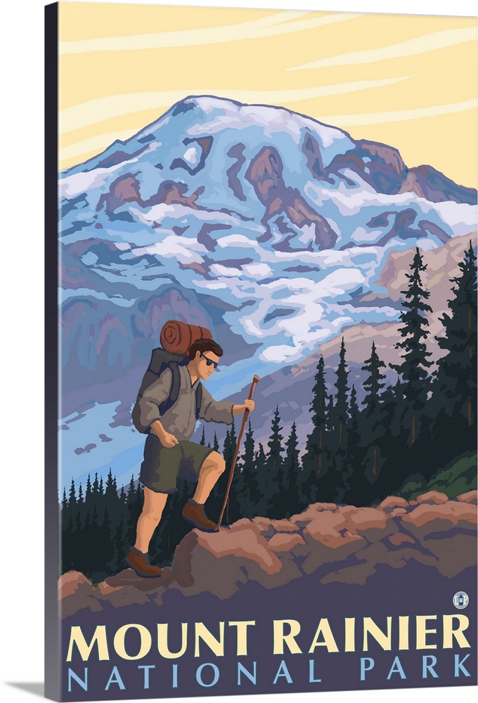Mount Rainier - Hiker: Retro Travel Poster