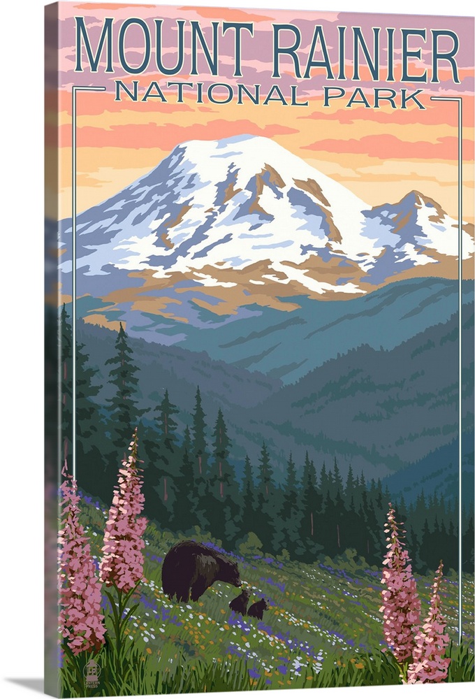 Mount Rainier National Park - Bear Family and Spring Flowers: Retro Travel Poster