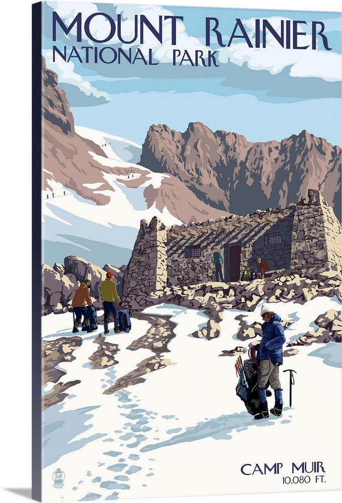 Mount Rainier National Park - Camp Muir and Climbers: Retro Travel Poster