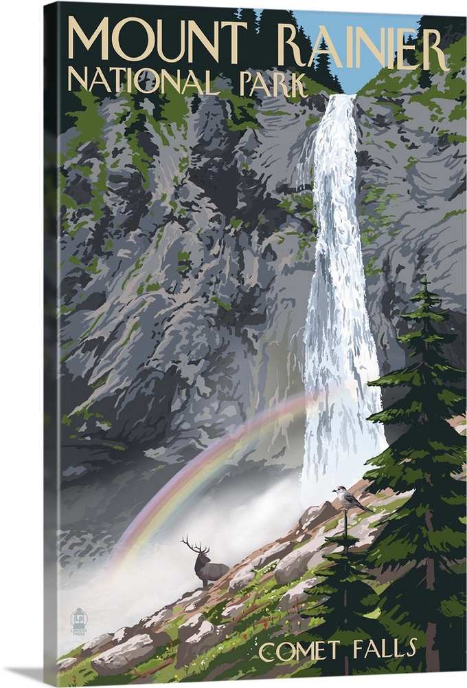Mount Rainier National Park - Comet Falls and Elk: Retro Travel Poster