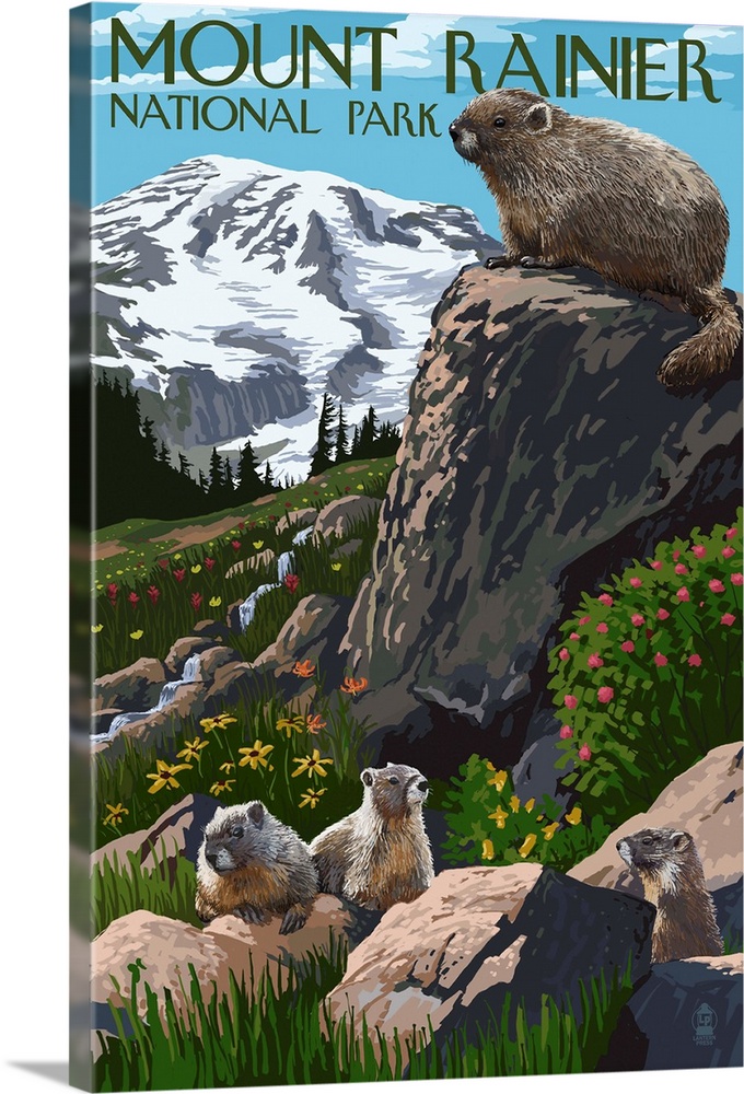 Mount Rainier National Park - Marmots: Retro Travel Poster