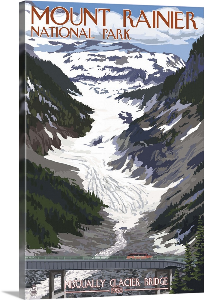 Mount Rainier National Park - Nisqually Glacier and Red Bus: Retro Travel Poster