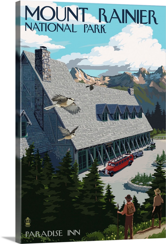 Mount Rainier National Park -  Paradise Inn: Retro Travel Poster