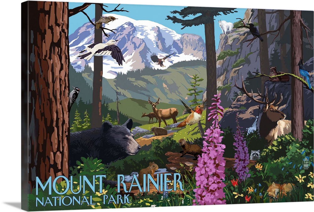 Mount Rainier National Park - Wildlife Utopia: Retro Travel Poster