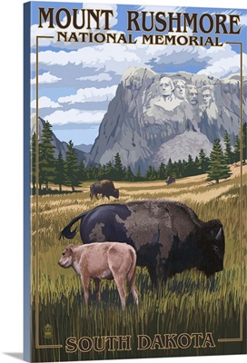 Mount Rushmore National Memorial, South Dakota - Bison Scene: Retro Travel Poster