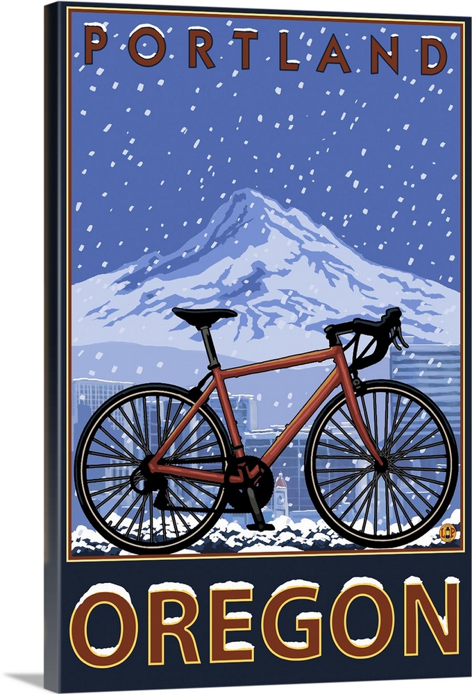 Mountain Bike in Snow - Portland, Oregon: Retro Travel Poster
