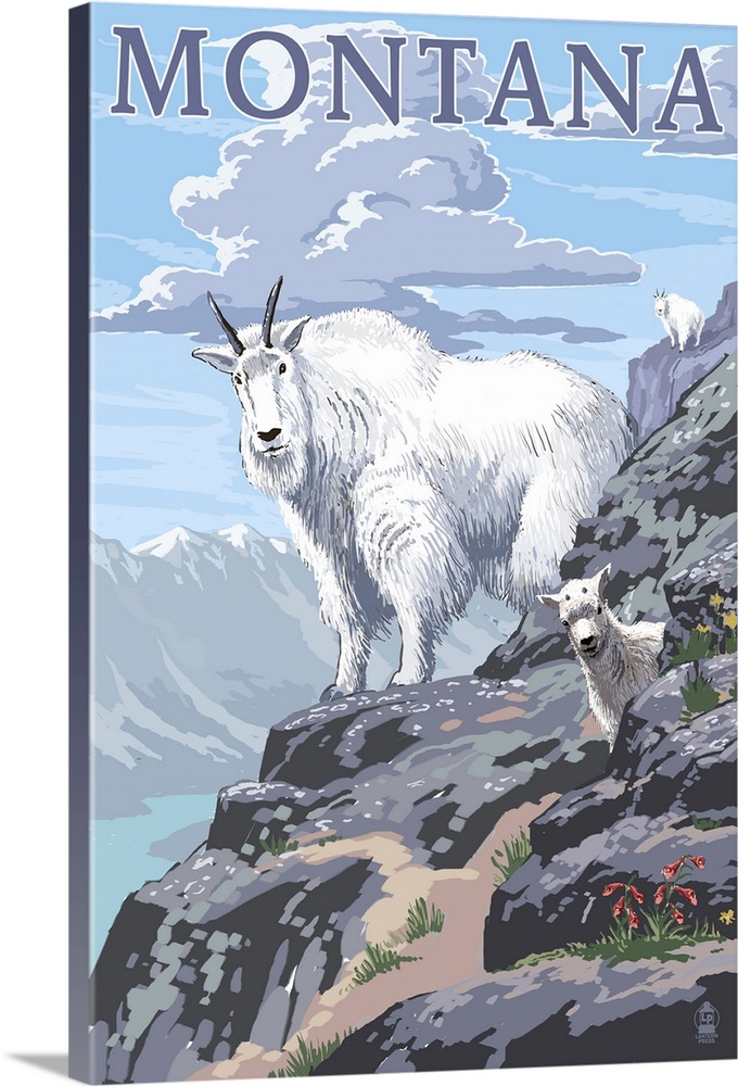 Retro stylized art poster of a mountain goat with its young, on a rocky surface.