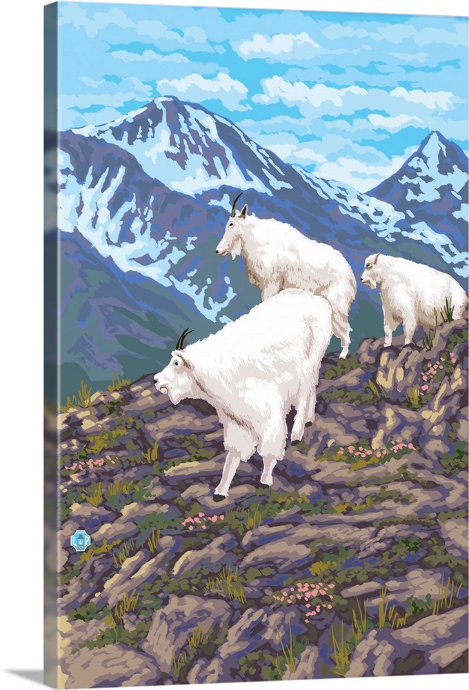 Retro stylized art poster of three mountain goats on rocks, overlooking mountainous valley.