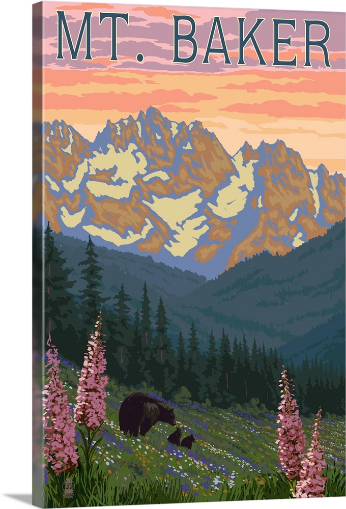 Mt. Baker, Washington - Bears and Spring Flowers: Retro Travel Poster