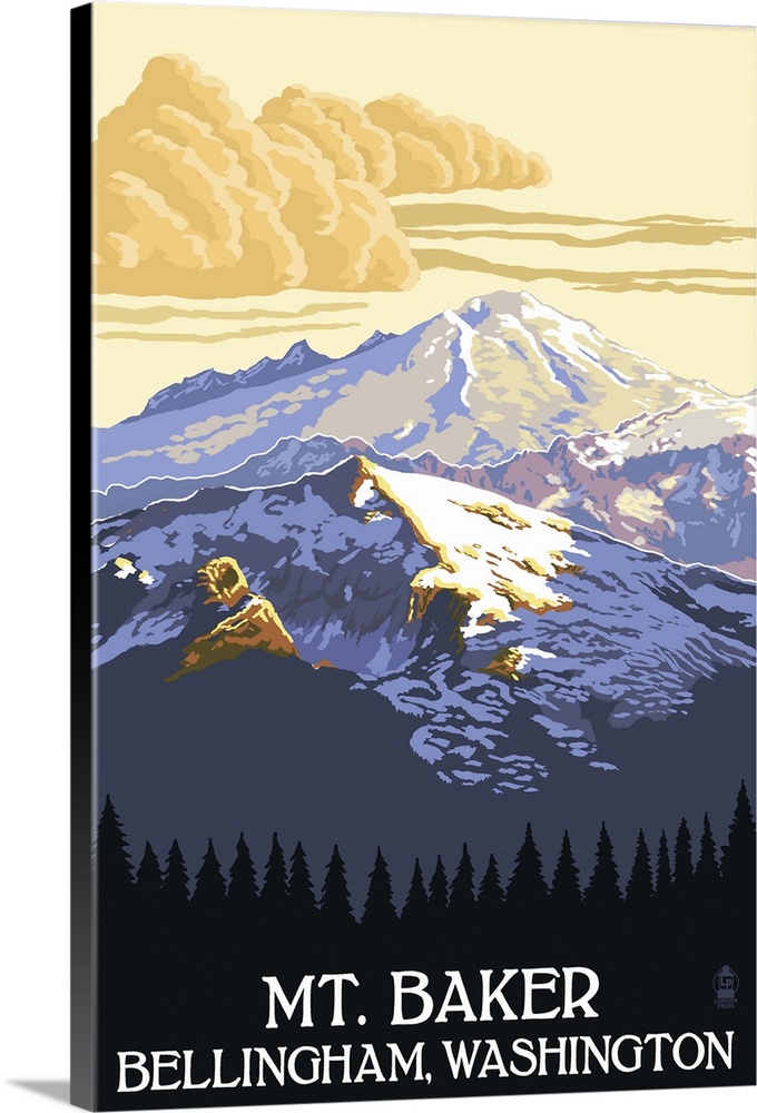 Retro stylized art poster of a snow covered mountain with a puffy clouds in the background.