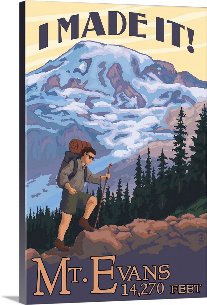Retro stylized art poster of a hiker walking a trail, with a mountain in the background.