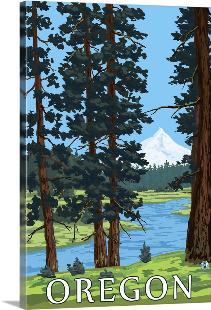 Mt. Hood and River - Oregon Scene: Retro Travel Poster