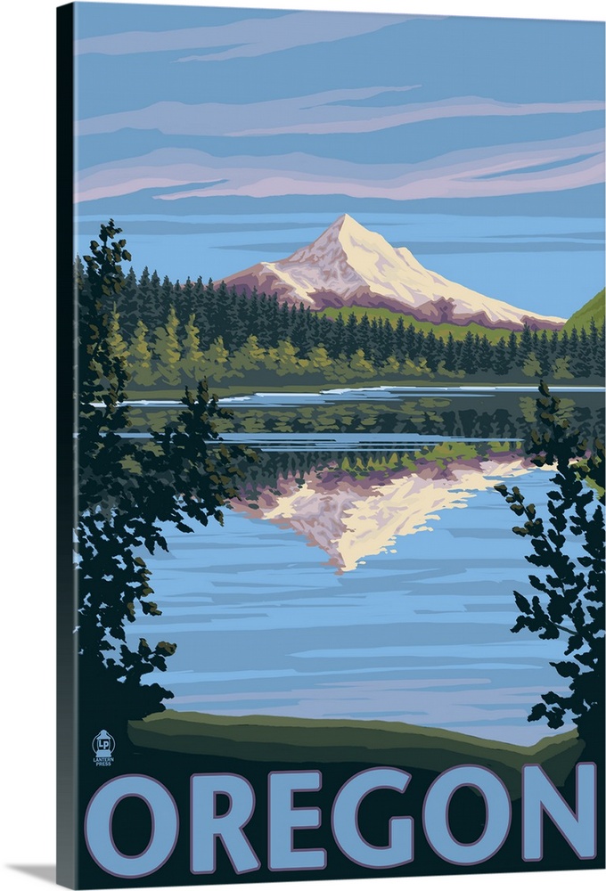 Retro stylized art poster of a mountain casting a reflection in a clear blue lake.