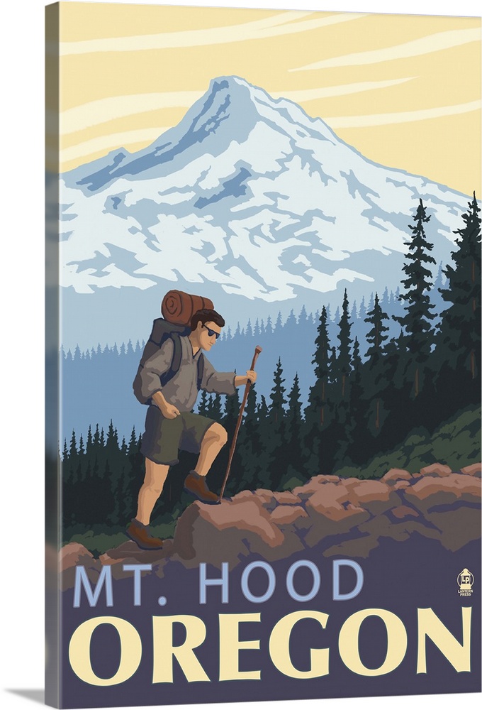 Mt. Hood Hiker Scene: Retro Travel Poster