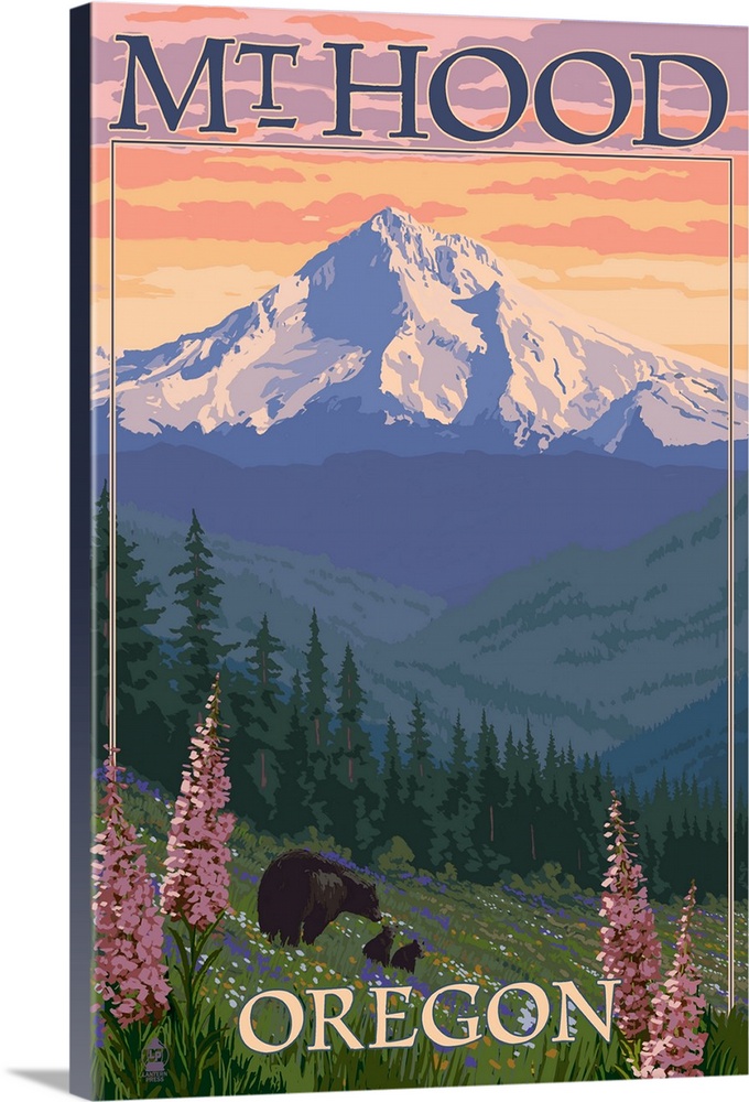 Mt. Hood, Oregon - Bear Family and Spring Flowers: Retro Travel Poster