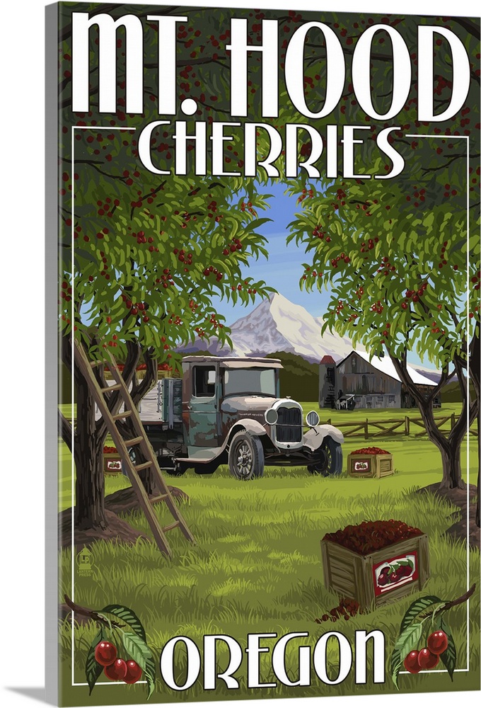 Mt. Hood, Oregon Cherries: Retro Travel Poster