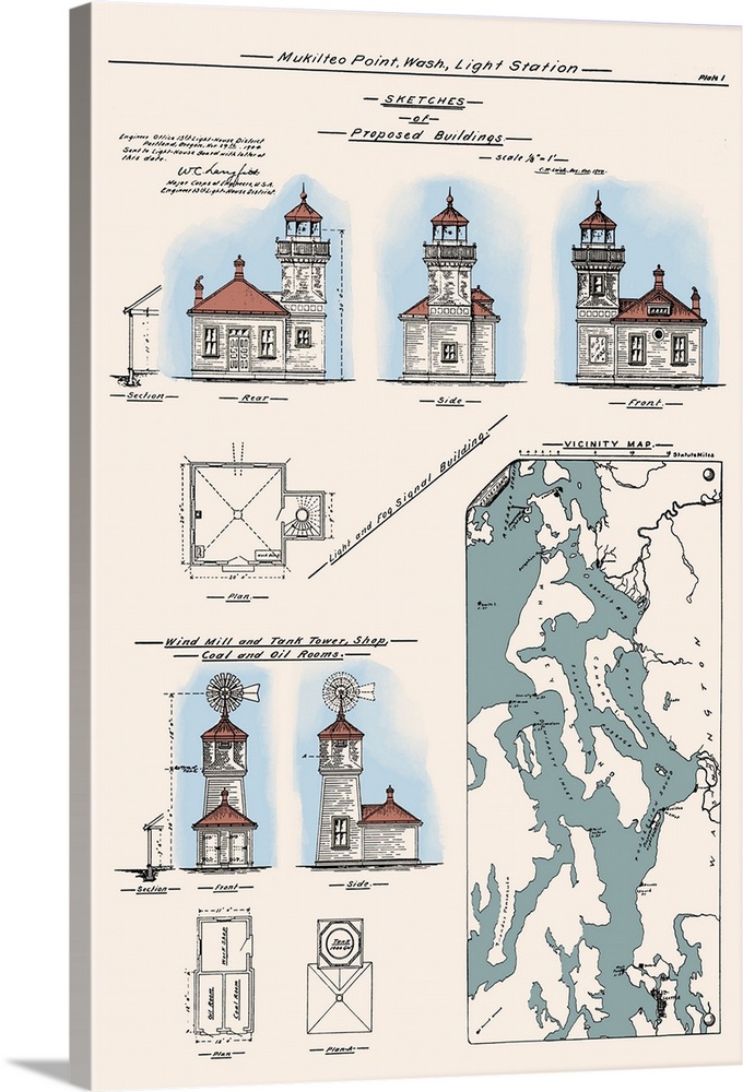 Mukilteo Lighthouse Technical Drawing - Mukilteo, Washington: Retro Travel Poster