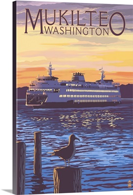 Mukilteo, Washington - Ferry at Sunset: Retro Travel Poster