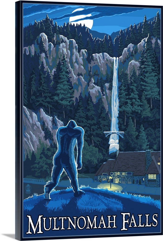Retro stylized art poster of a silhouetted Sasquatch looking at a waterfall in the moonlight.