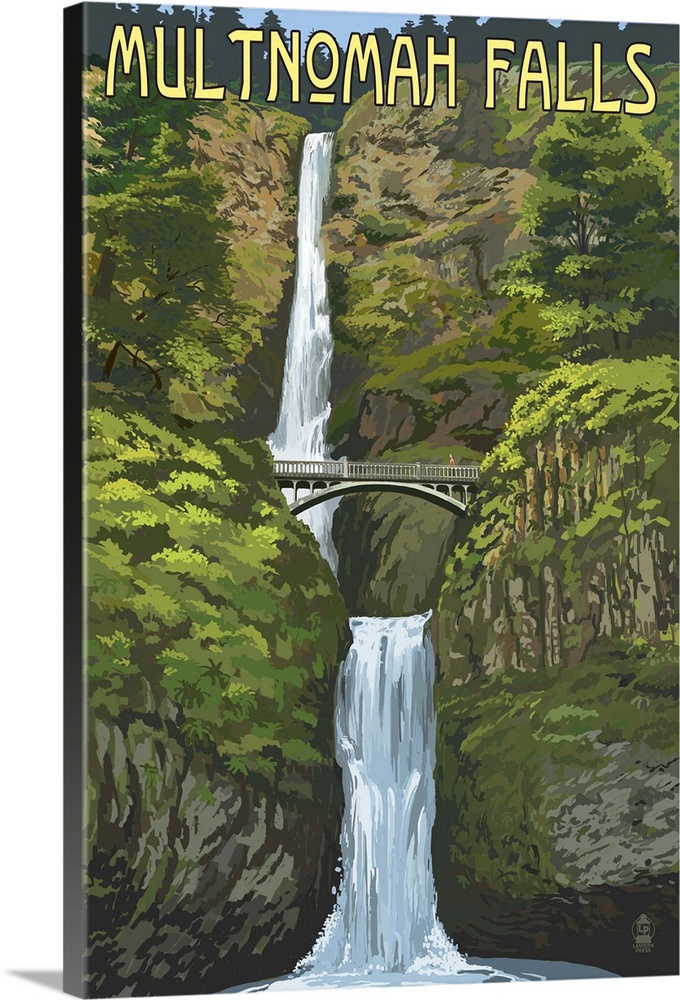 Retro stylized art poster of a rushing waterfall tumbling down through lush foliage.