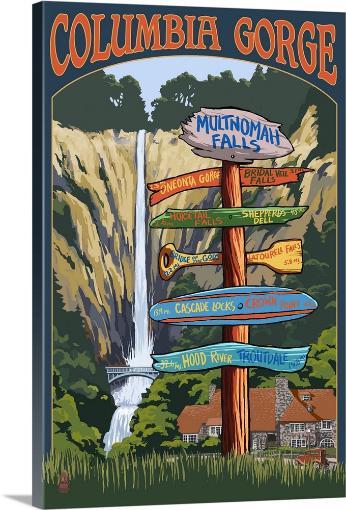 Multnomah Falls Signpost - Columbia Gorge, Oregon: Retro Travel Poster