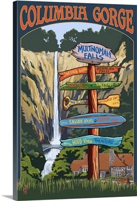 Multnomah Falls Signpost - Columbia Gorge, Oregon: Retro Travel Poster