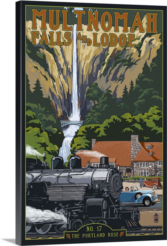 Multnomah Falls - Train and Cars: Retro Travel Poster