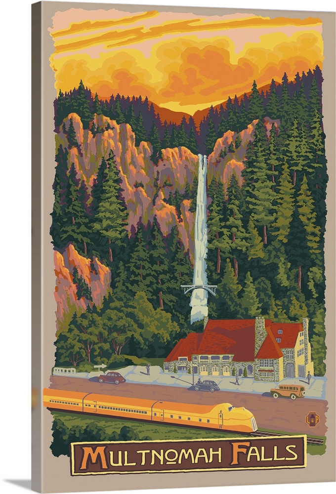 Multnomah Falls View with Train: Retro Travel Poster