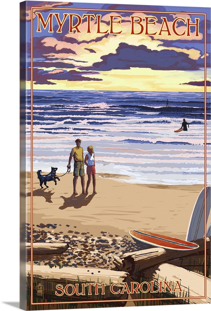 Myrtle Beach, South Carolina - Beach Walk and Surfers: Retro Travel Poster