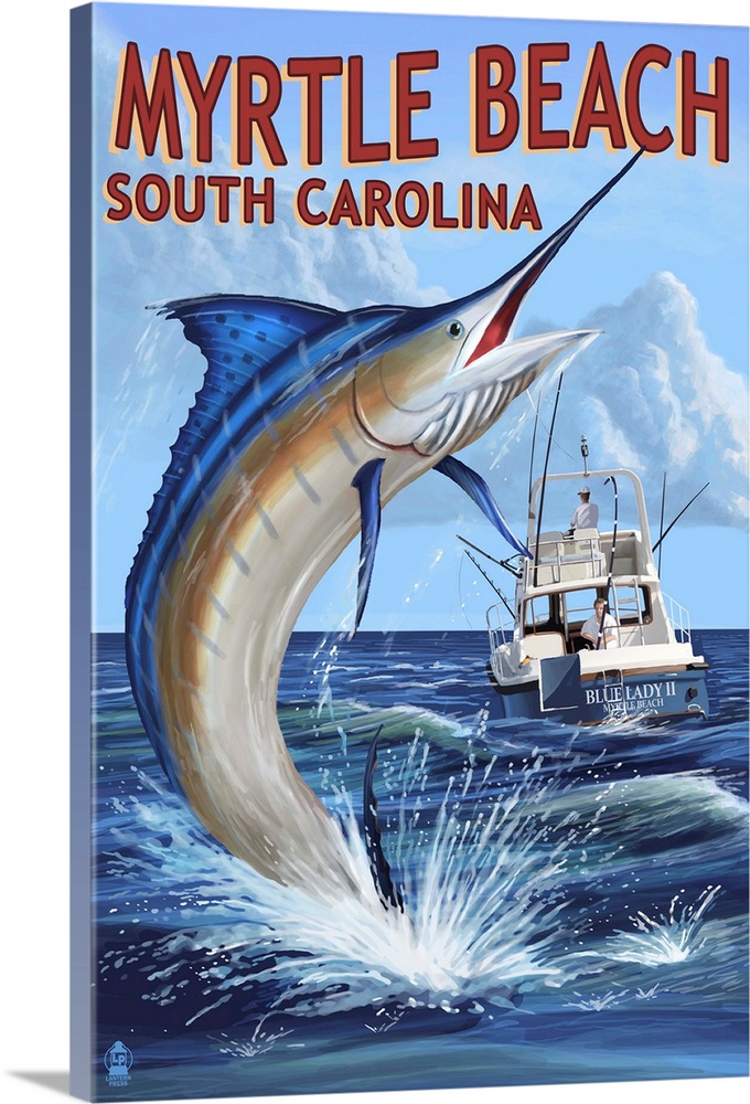 Myrtle Beach, South Carolina - Marlin Fishing Scene: Retro Travel Poster