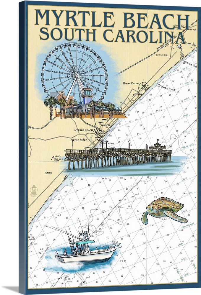 Myrtle Beach, South Carolina - Nautical Chart: Retro Travel Poster