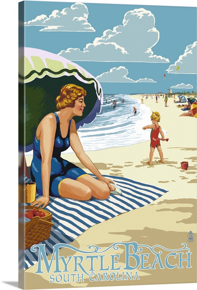 Myrtle Beach, South Carolina - Woman on Beach: Retro Travel Poster