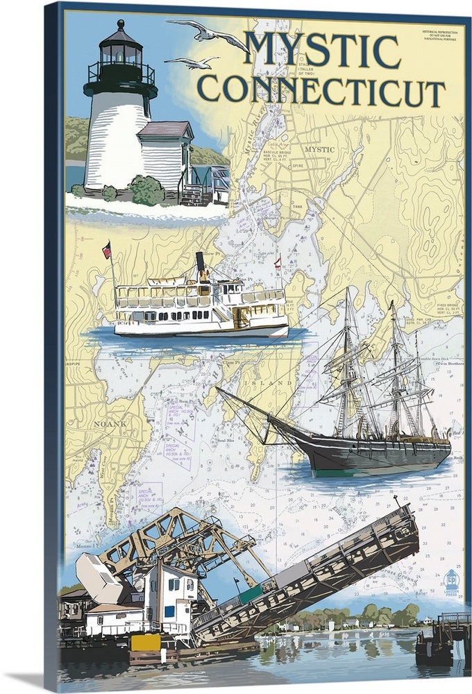 Mystic, Connecticut Nautical Chart Retro Travel Poster Wall Art