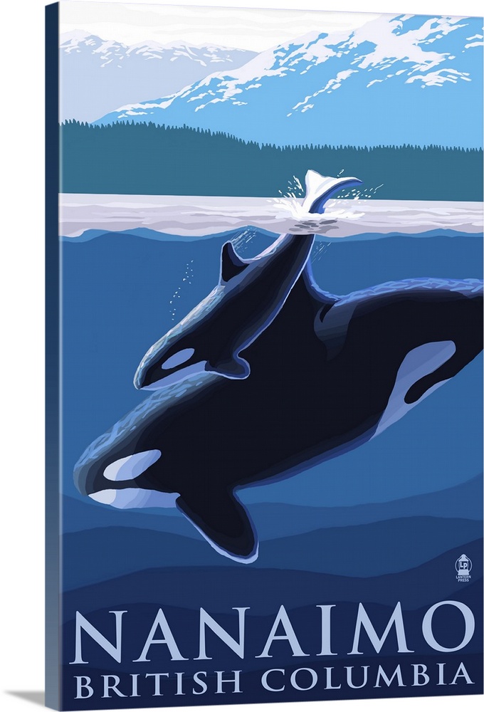 Nanaimo, BC, Orca and Calf: Retro Travel Poster