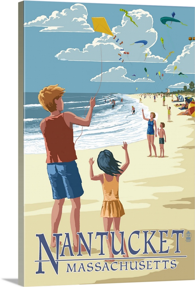 Nantucket, Massachusetts - Kite Flyers: Retro Travel Poster