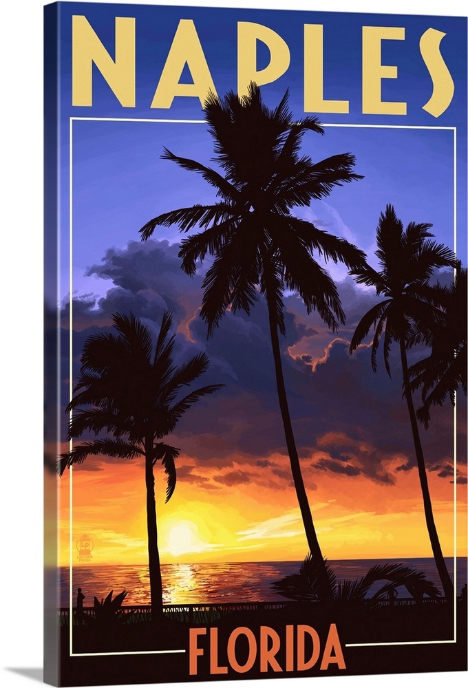 Naples, Florida Palms and Sunset Retro Travel Poster Wall Art