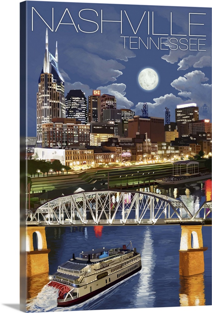 Nashville at Night - Nashville, Tennessee: Retro Travel Poster