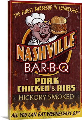 Nashville, Tennessee - Barbecue Vintage Sign: Retro Travel Poster