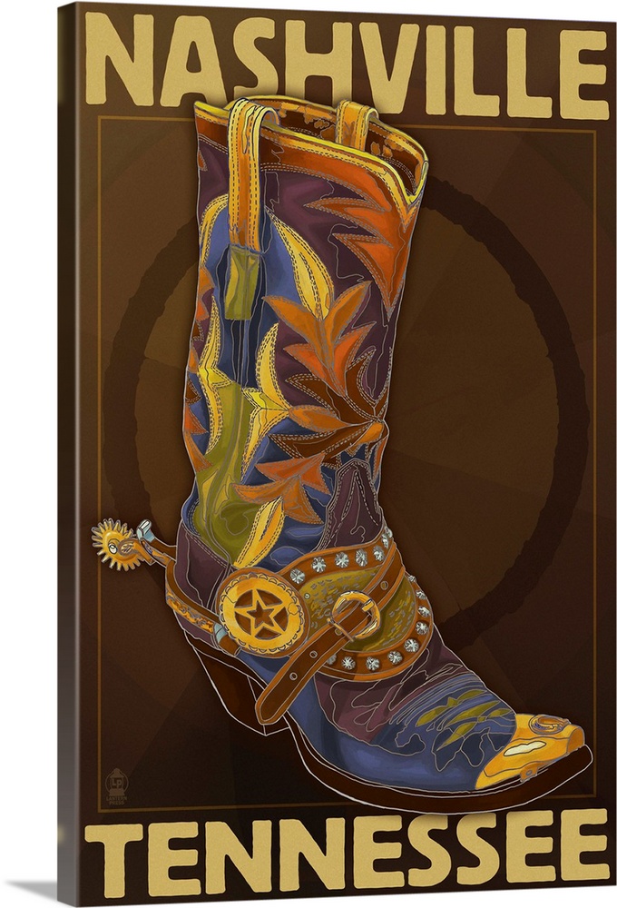 Retro stylized art poster of a cowboy boot, with a golden spur on the heel.