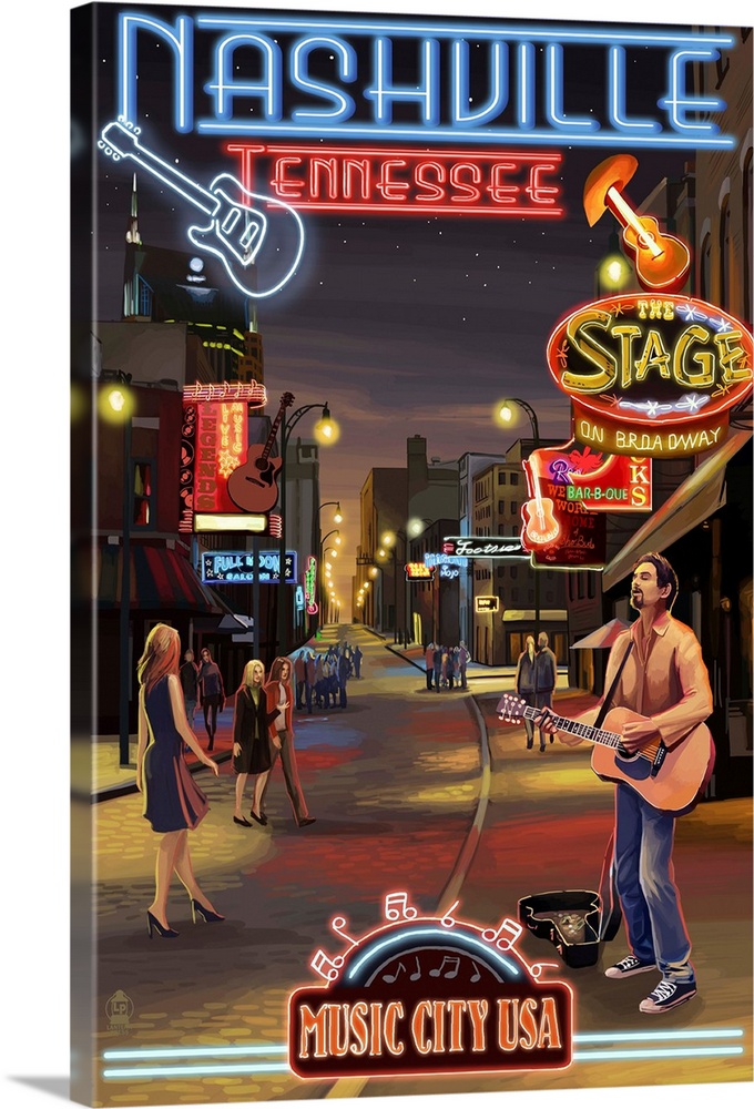 Retro stylized art poster of neon signs and a man playing a guitar.