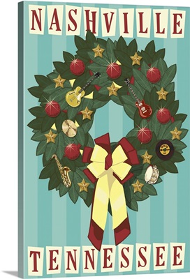 Nashville, Tennessee - Christmas Wreath: Retro Travel Poster