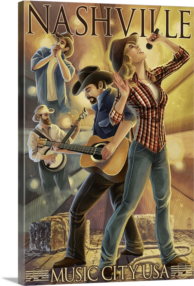 Retro stylized art poster of a man playing a guitar and woman siging.