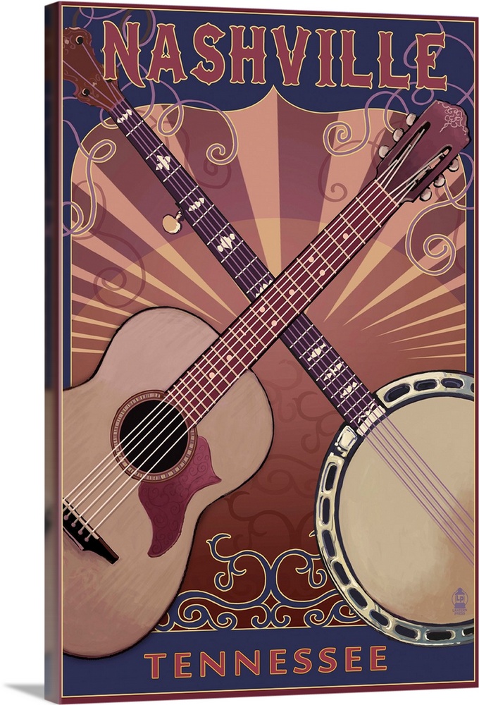 Nashville, Tennessee - Guitar and Banjo Music: Retro Travel Poster