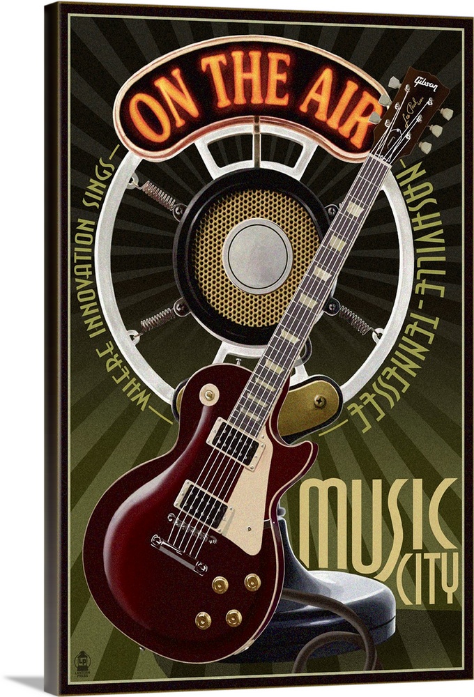 Retro stylized art poster of an electric guitar with an old microphone in the background.