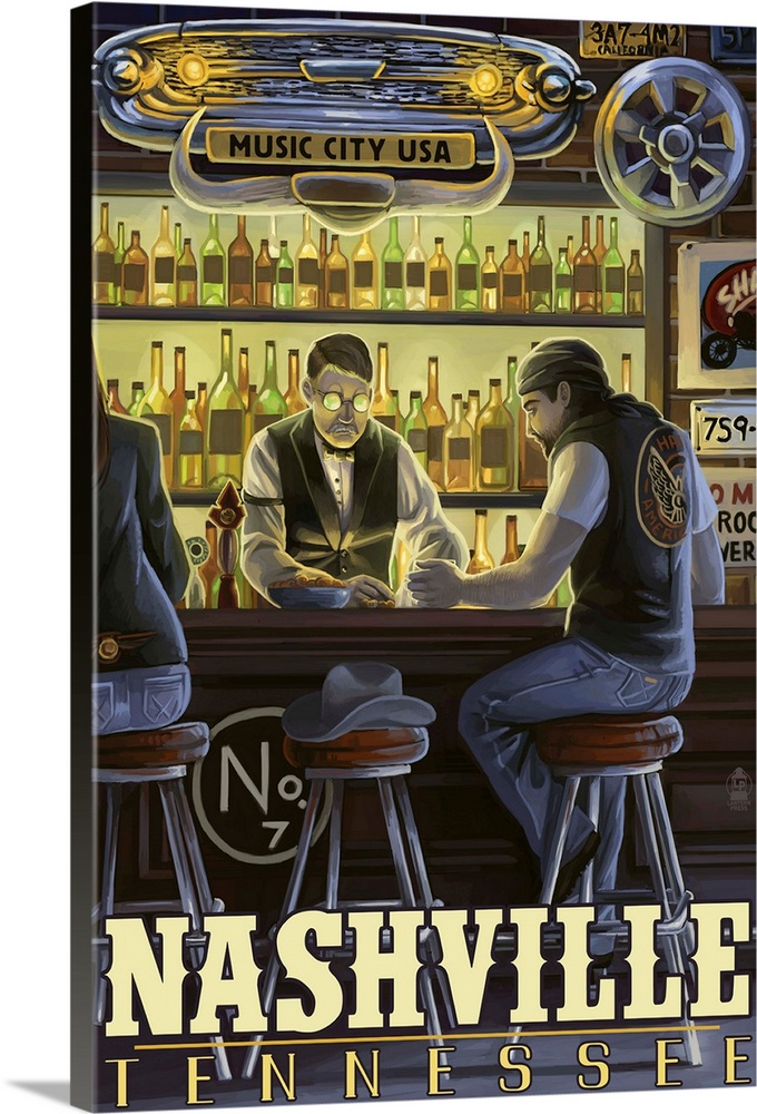 Retro stylized art poster of a cowboy sitting in dark lit country bar.