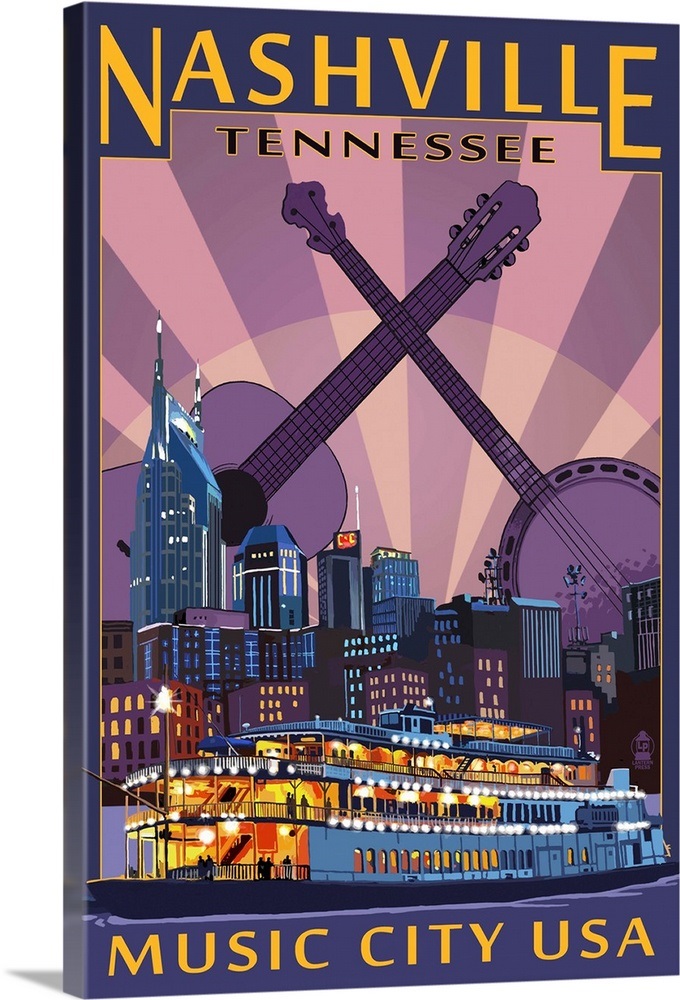 Nashville, Tennessee Skyline at Night Retro Travel Poster Wall Art