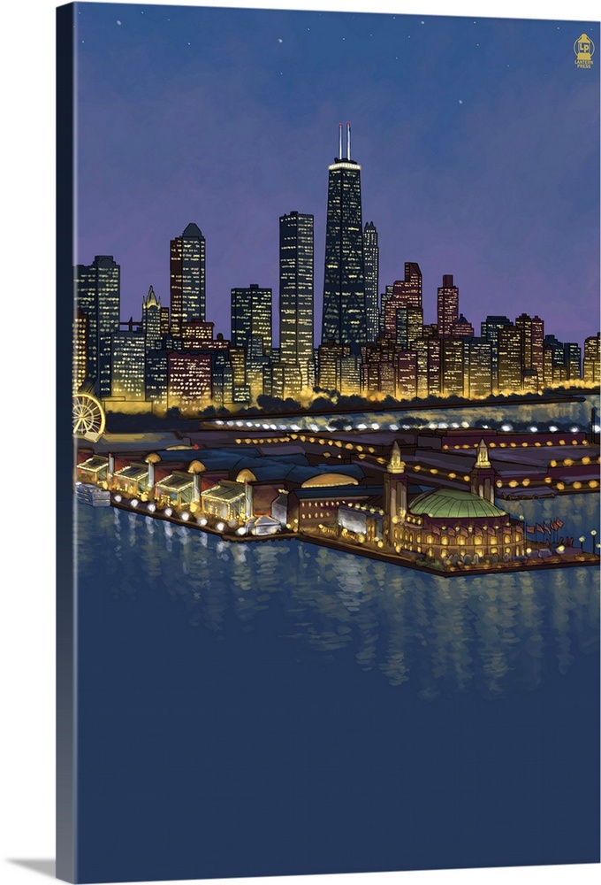 Navy Pier and Chicago Skyline - No Text: Retro Poster Art