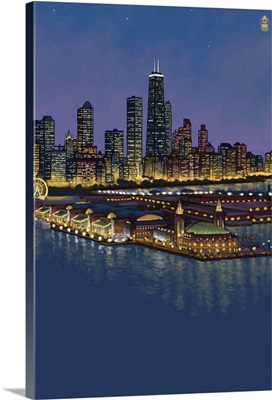 Navy Pier and Chicago Skyline - No Text: Retro Poster Art